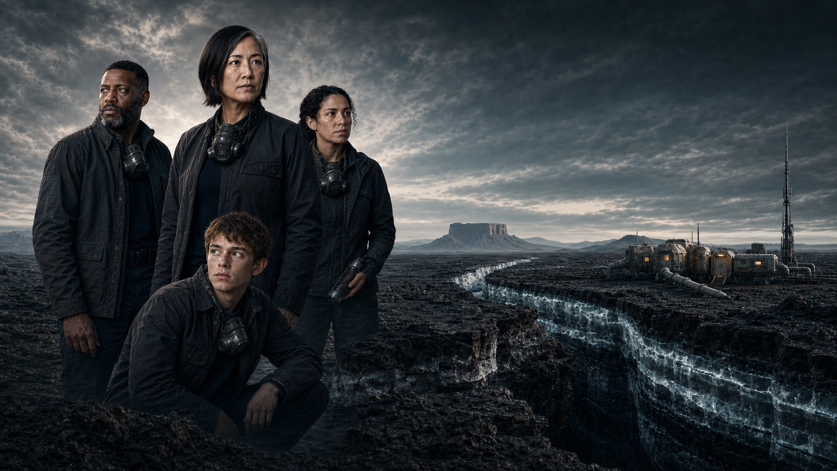 A non-diegetic ensemble portrait of the four Project Genesis protagonists composited with Habitat One and the basalt canyon of Nysa-4