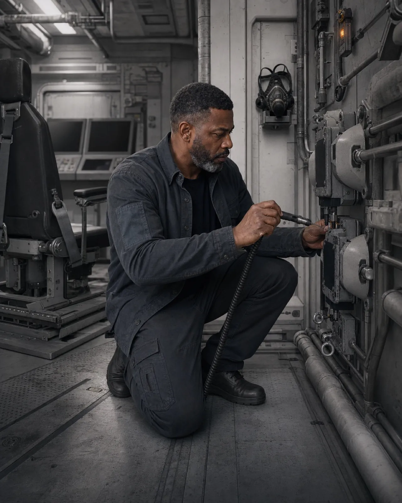 A systems operator servicing a thermal junction inside Habitat One